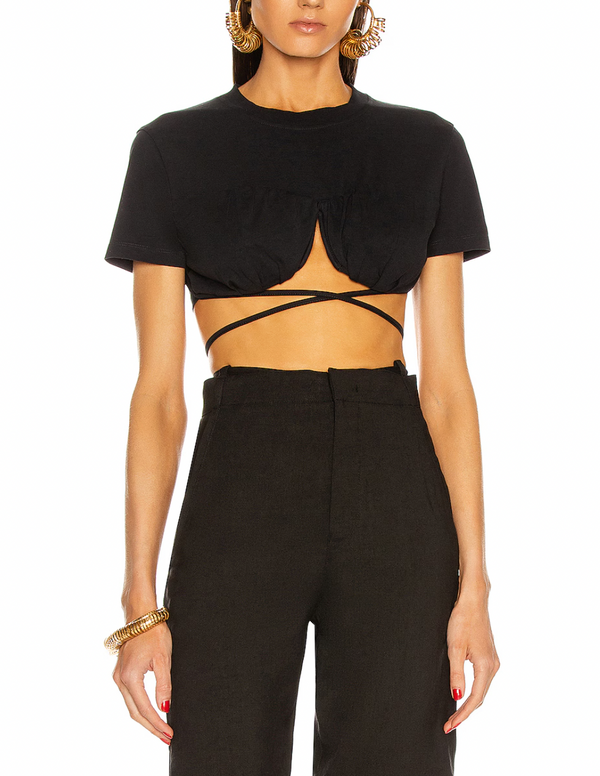 Jacquemus Black Cropped Le T-Shirt Baci with Strings Detail Size M (UK 10)