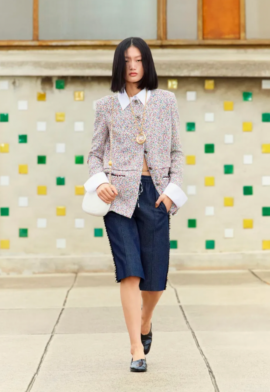 Chanel Resort 2025 Navy Bermuda Shorts with Beaded String Detail and Crocheted Side Strips Size FR 36 (UK 8)