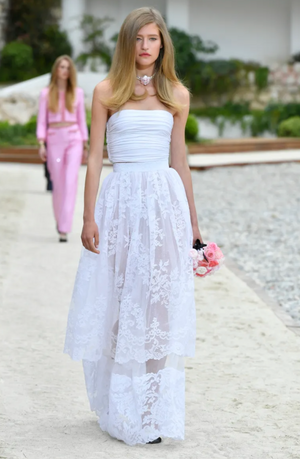 Chanel Resort 2023 White Tiered Lace Maxi Skirt with White Pearl and Crystal CC Logo Button Detail Size FR 34 (UK 6)