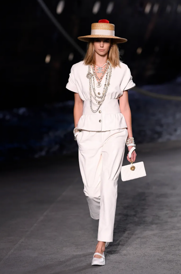 Chanel Resort 2019 La Pausa White Leather Trousers with Gold and Pearl Embellished CC Logo Button Size FR 36 (UK 8)