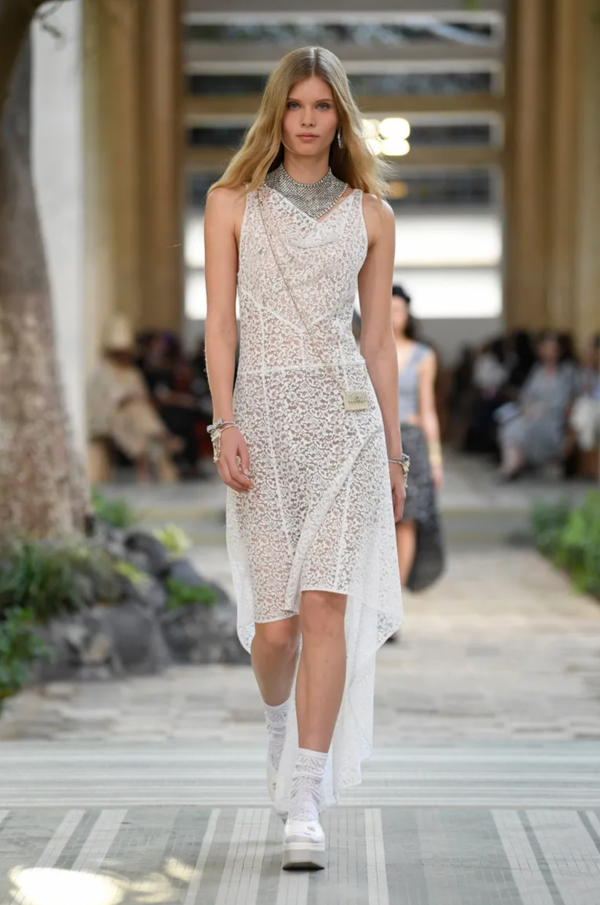 Chanel Métiers d'Art 2023 White Lace Asymmetric Midi Dress with Silver CC Logo Detail Size FR 36 (UK 8)