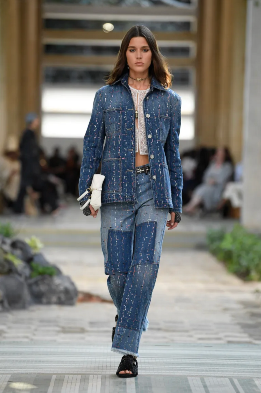 Chanel Métiers d'Art 2023 Denim Jacket with Pink and Silver Micro Sequin Details and Silver CC Logo Buttons Size FR 36 (UK 8)