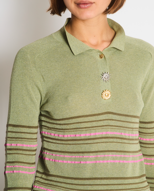 Jacquemus Green Striped Cropped Long Sleeve Polo with Soleil Button Detail Size FR 38 (UK 10)