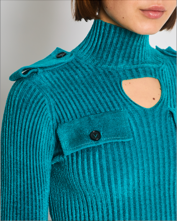 Bottega Veneta Teal Ribbed Long Sleeve High Neck Jumper with Cut Out Detail Size S (UK 6/8)