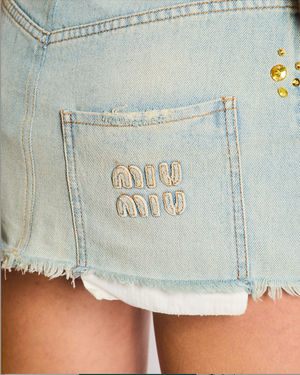 Miu Miu Stone Wash Blue Mini Skirt with Yellow Embellishment and Logo Detail Size IT 36 (UK 4)