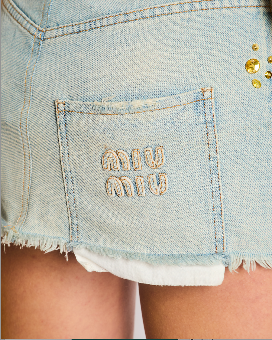 Miu Miu Stone Wash Blue Mini Skirt with Yellow Embellishment and Logo Detail Size IT 36 (UK 4)