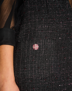 Chanel Resort 2024 Black Embellished Mini Dress with Pink Metallic Details and Crystal CC Logo Buttons Size FR 36 (UK 8)