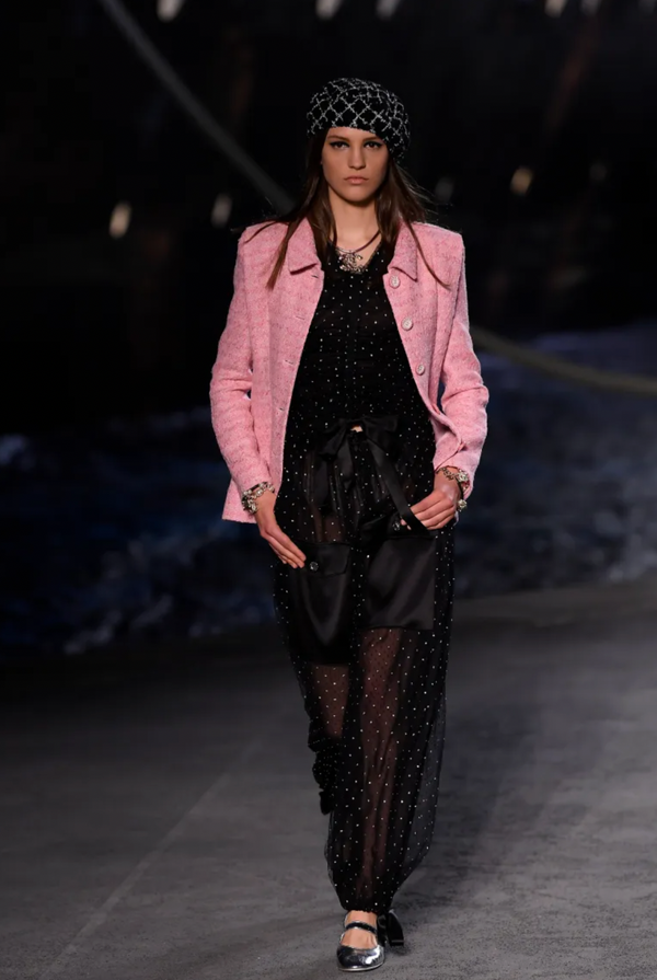 Chanel La Pausa Cruise 2019 Black Tulle Polka Dot Top and Trousers Set with Crystals and Satin Details Size FR 34 (UK 6)