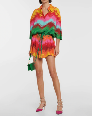 Valentino 2022 Escape Multi-Colour Silk Shirt Dress with Logo Print and Waist Tie Detail Size IT 40 (UK 8)