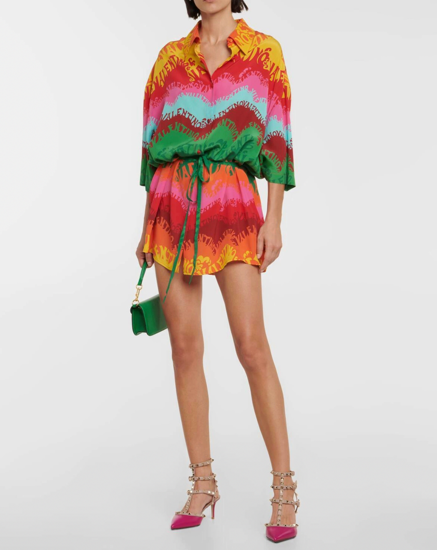 Valentino 2022 Escape Multi-Colour Silk Shirt Dress with Logo Print and Waist Tie Detail Size IT 40 (UK 8)