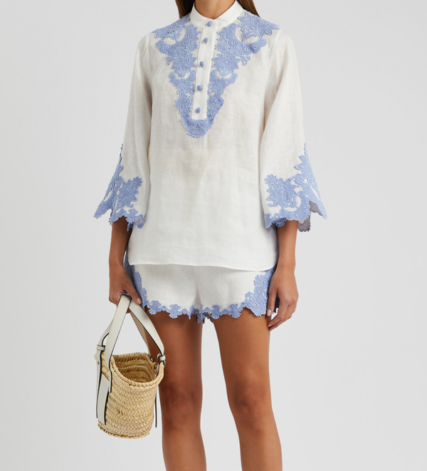 Zimmermann White Linen Raie Top with Light Blue Embroidered Lace Detail Size 2 (UK 12)
