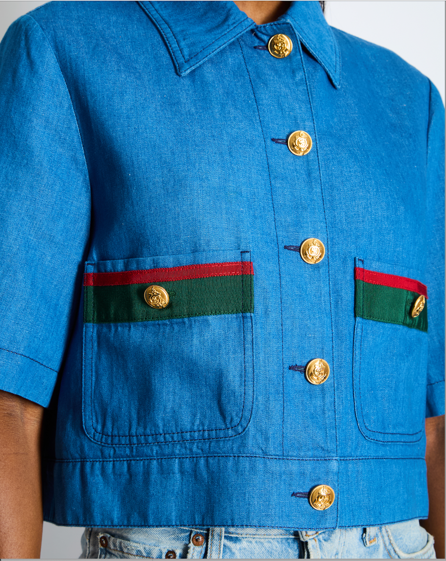 Gucci Cropped Striped Blue Denim Shirt with Short Sleeves and Gold Buttons IT 42 (UK 10)