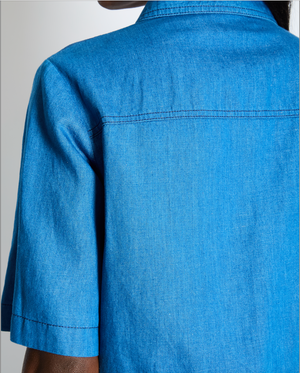 Gucci Cropped Striped Blue Denim Shirt with Short Sleeves and Gold Buttons IT 42 (UK 10)