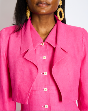 Chanel 95/P Vintage Barbie Pink Linen Mini Dress and Cropped Jacket Set with Gold CC Logo Buttons Size FR 38 (UK 10)