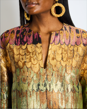 Valentino Gold Metallic Multi-Colour Feather Print Shift Dress with Green Feather Detail Size 42 IT (UK 10)