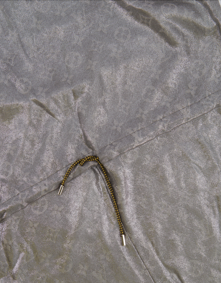 Louis Vuitton Silver Metallic Silk Jumpsuit with Monogram Logo Prints Size FR 38 (UK 10)