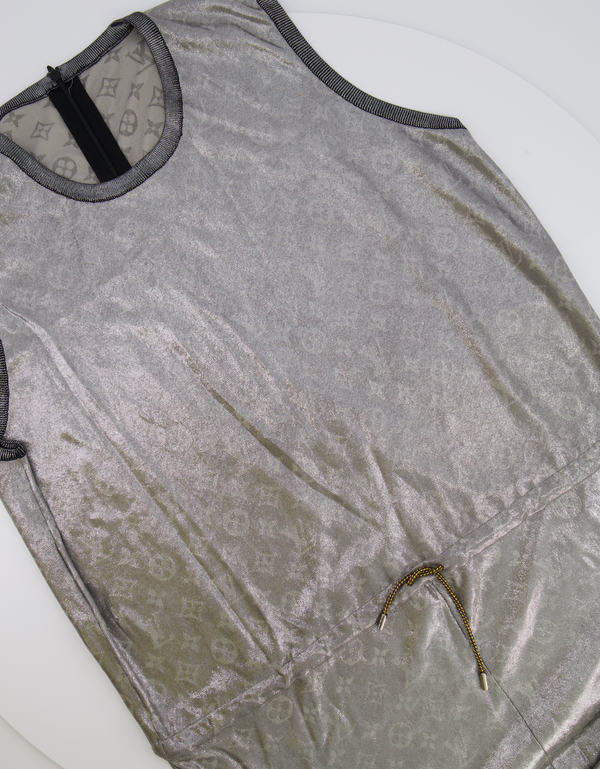 Louis Vuitton Silver Metallic Silk Jumpsuit with Monogram Logo Prints Size FR 38 (UK 10)