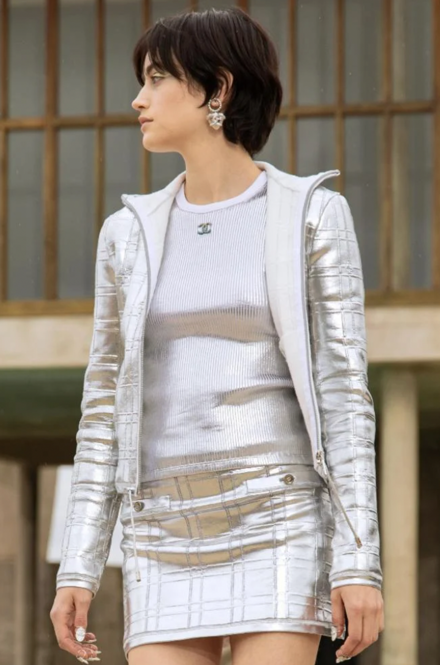 Chanel Cruise 2025 Silver Metallic and Green Ribbed Short-Sleeve Top with Crystal CC Logo Detail Size FR 40 (UK 12)