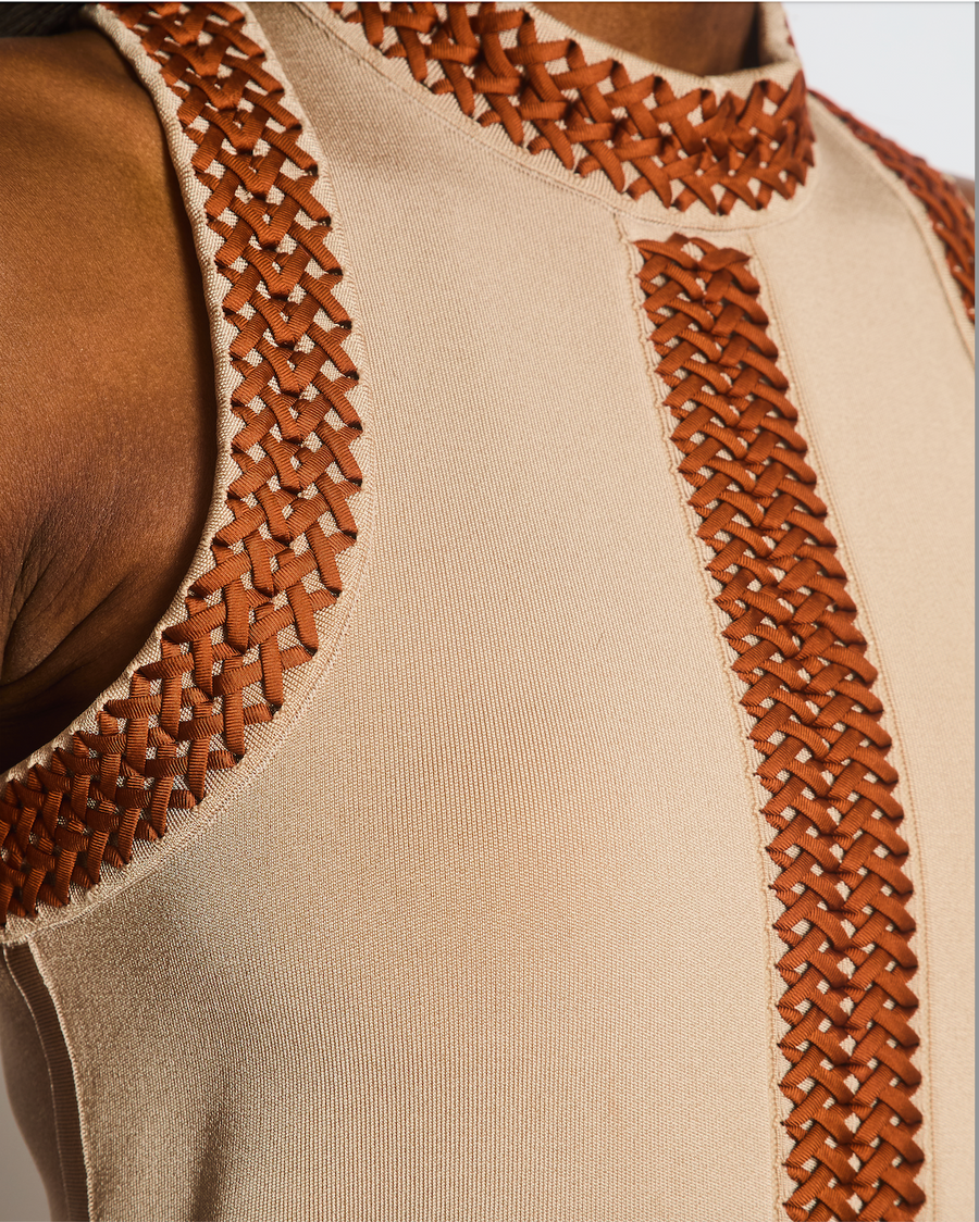 Hermés Beige Sleeveless Dress with Brown Braided Trim Size FR 36 (UK 8)