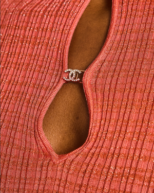 Chanel Burnt Orange Ribbed Knit Short Sleeve Top and Trousers with Silver CC Logo Detail Size FR 34-36 (UK 6-8)