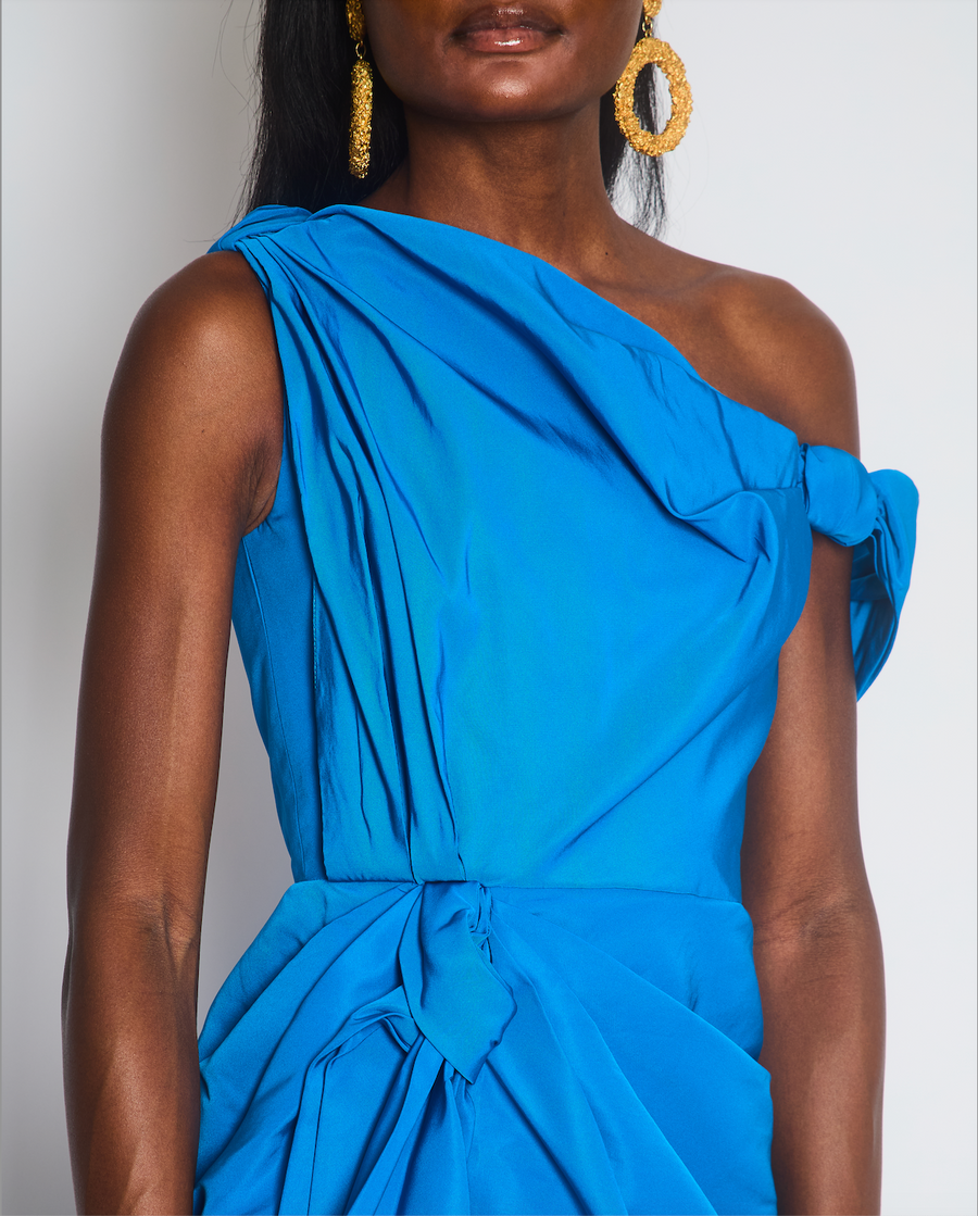 Alexander McQueen Blue One-Shoulder Bow-Emellished Slim-Fit Woven Midi Dress Size IT 38 (UK 6)