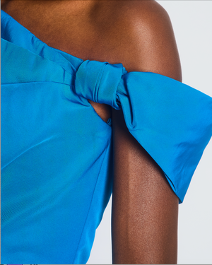 Alexander McQueen Blue One-Shoulder Bow-Emellished Slim-Fit Woven Midi Dress Size IT 38 (UK 6)