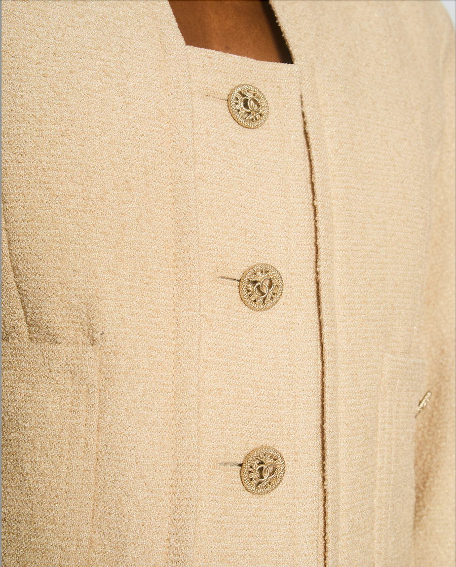 Chanel Cream Tweed Suit Jacket and Dress Set with Gold CC Logo Buttons Size FR 36-38 (UK 8-10)