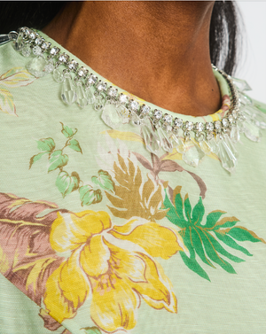 Zimmermann Pastel Green Pink and Yellow Floral Long Sleeve Mini Dress with Crystal Collar Detail Size 0 (UK 8)