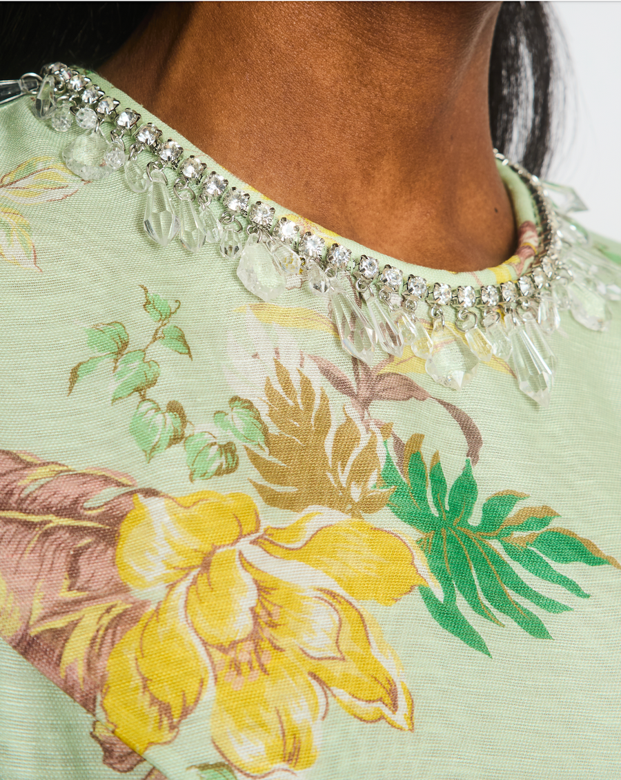 Zimmermann Pastel Green Pink and Yellow Floral Long Sleeve Mini Dress with Crystal Collar Detail Size 0 (UK 8)