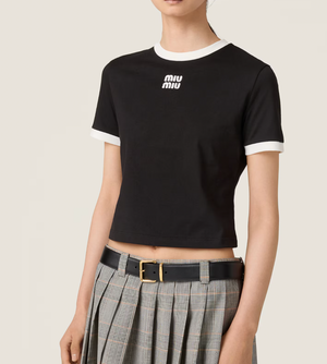 Miu Miu Black Cotton Jersey T-Shirt with Embroidered Logo Size M (UK 10) RRP £590