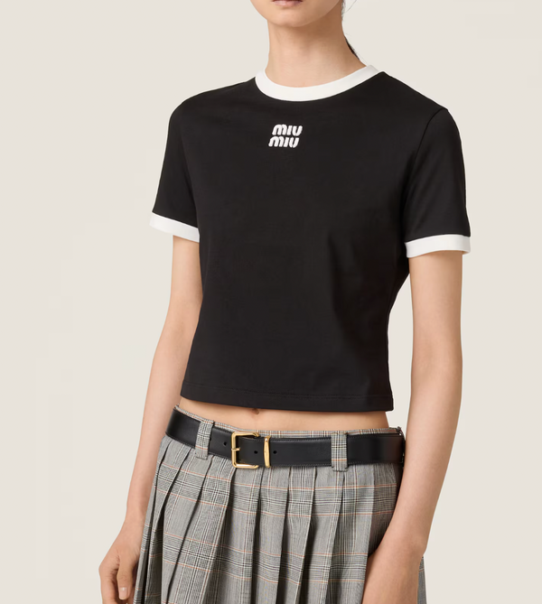 Miu Miu Black Cotton Jersey T-Shirt with Embroidered Logo Size M (UK 10) RRP £590