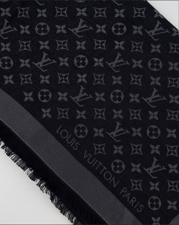 Louis Vuitton Black Monogram Logo Silk Scarf Size 140cm x 140cm