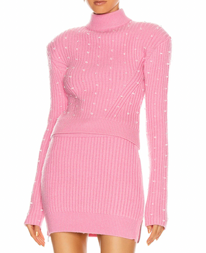 David Koma Pink Ribbed Knit Jumper with Transparent Bead Details Size L (UK 12) RRP £552