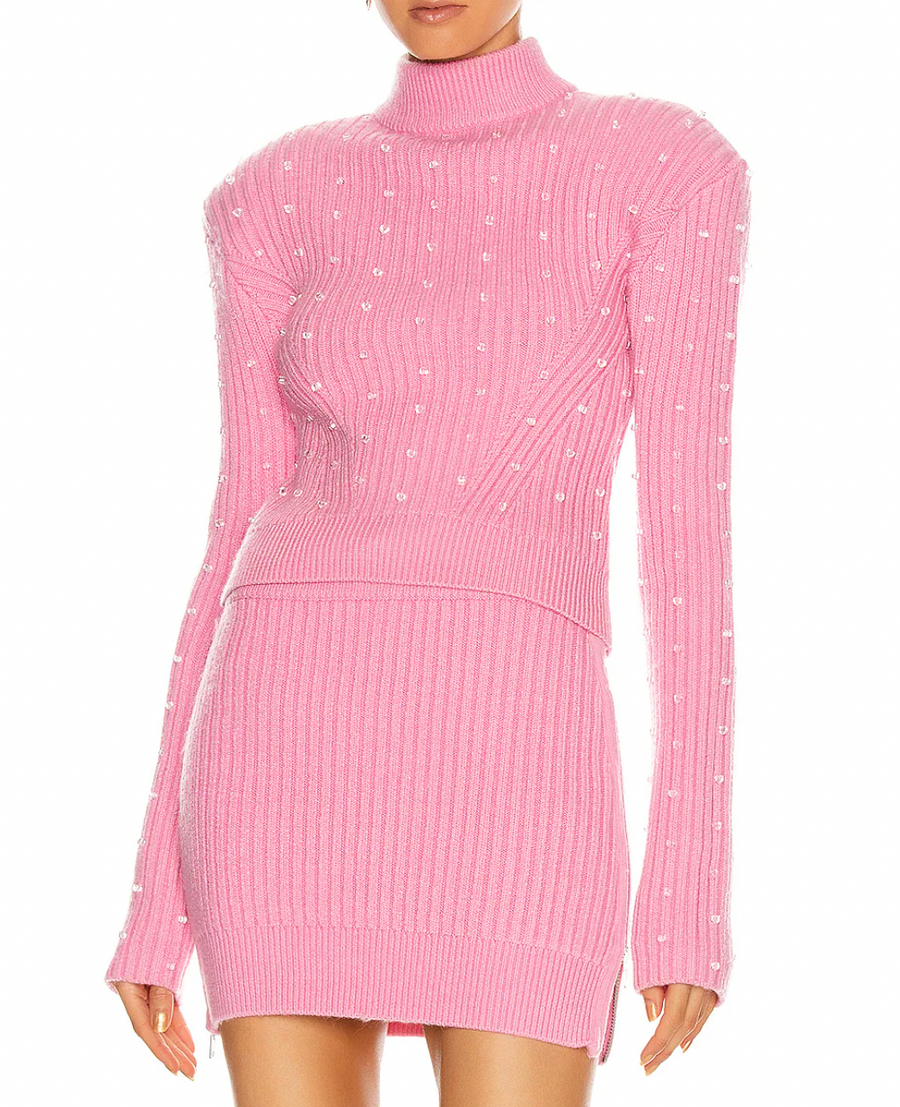 David Koma Pink Ribbed Knit Jumper with Transparent Bead Details Size L (UK 12) RRP £552