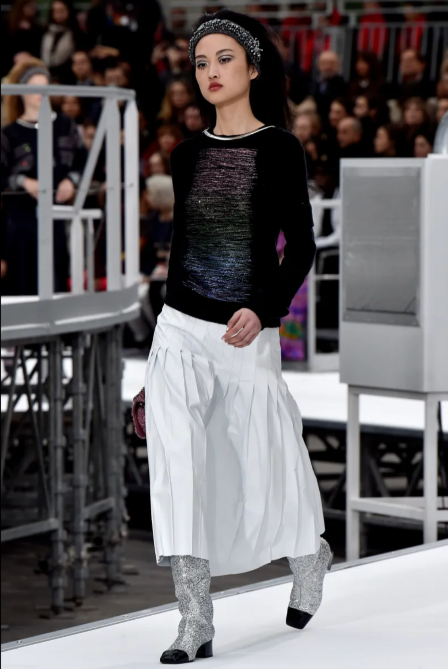 Chanel Fall 2017 Black and Multi-Colour Wool Knit Jumper with Metallic and Sequin Embellished Embroidery with Silver CC Logo Button Detail Size FR 36 (UK 8)