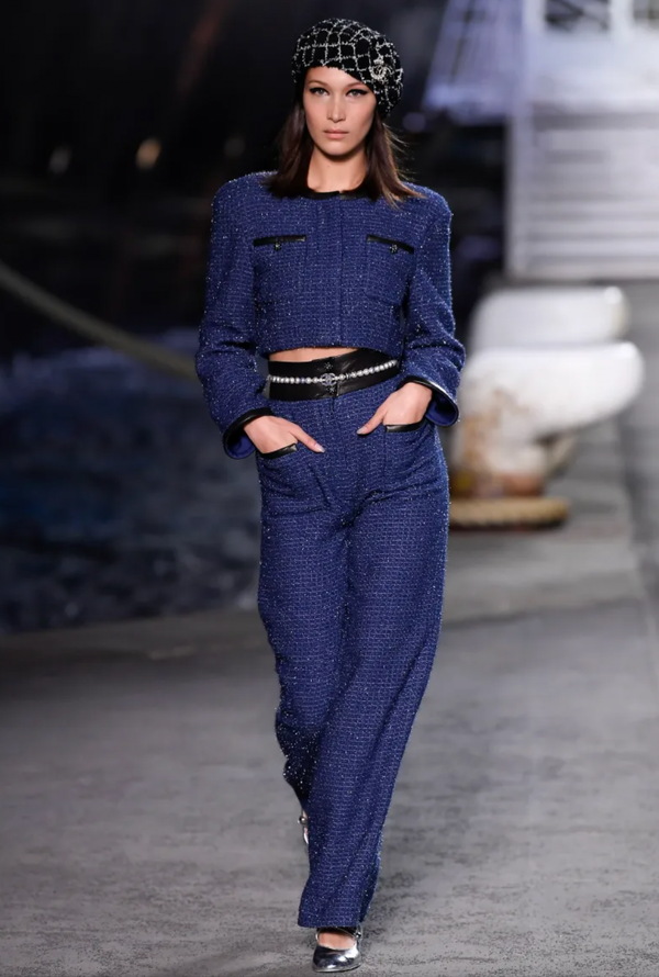 Chanel Cruise 2019 Blue Tweed Cropped Jacket and Trousers Set with CC Logo Buttons and Black Leather Trims Size FR 36/38 (UK 8/10)