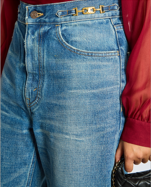Céline Blue Stone Wash Straight Leg Jeans with Triomphe Buckle Detail Size 28 (UK 10)