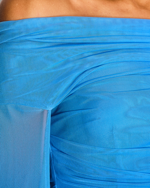 Talbot Runhof Blue Off-The-Shoulders Draped in Stretch Tulle Maxi Dress Size DE 34 (UK 8)