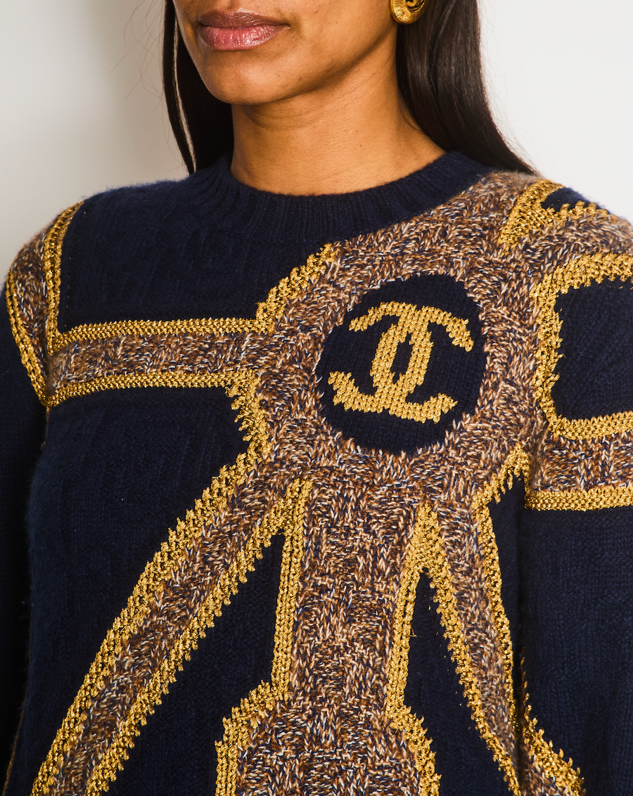 Chanel 21/A Navy Cashmere Knitted CC Jumper Size FR 38 (UK 10)