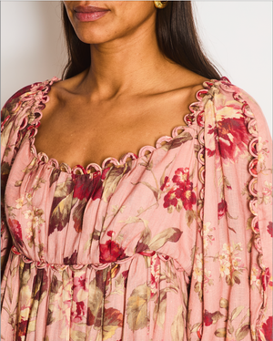 Zimmermann Pink Floral Mini Dress with Puff Sleeves and Scalloped Trim –  Sellier