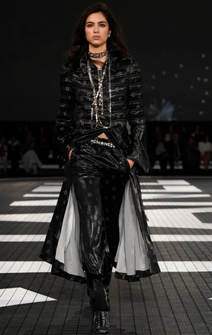 Chanel Cruise 2024 Black Shimmery Coat Dress with CC Logo Stars Embellishments and Black and Silver Crystal CC Logo Buttons Size FR 36 (UK 8)