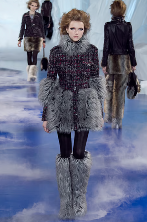 Chanel Fall 2010 Black, Grey and Red Tweed Jacket with Grey Faux Fur Sleeves and Trims and Black and Silver CC Logo Buttons Size FR 38 (UK 10)