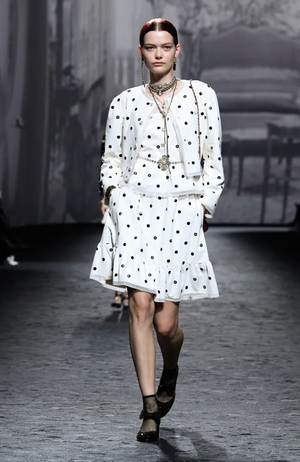 Chanel 23S  White and Black Lambskin Leather Polka Dot Cropped Jacket with Lace Trims and Crystal Embellished Pearl CC Logo Buttons Size FR 36 (UK 8) RRP £8,400