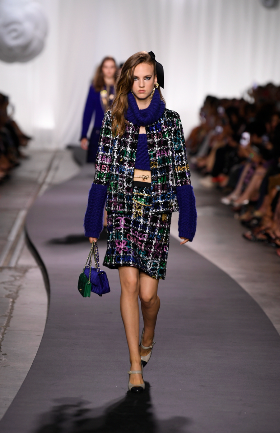 Chanel Resort 2023 Blue Wool Knitted Bandeau Cropped Top with Multi-Colour Crystal Embellished CC Logo Button Size S (UK 8)