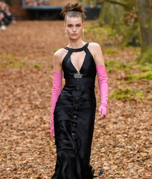 Chanel 18K Pink Lambskin Leather Long Mitten Gloves with Gold CC Logo Details Size 6 1/2