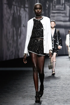 Chanel Spring 2023 Black Sleeveless Silver Sequin Embellished Crop Top with White Trims and Silver and Crystal CC Logo Bow Size FR 34 (UK 6)