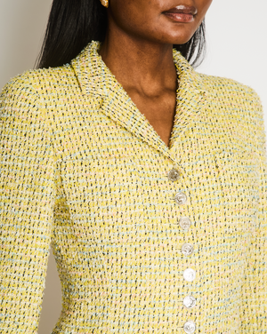 Chanel Vintage 96P Yellow and Multi-Colour Tweed Jacket with Silver Polished CC Logo Buttons and Front Pocket Details Size FR 38 (UK 10)