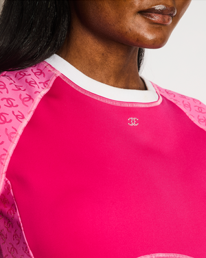 Chanel Cruise 2024 Hot Pink Short Sleeved Top with CC Logo Prints and Crystal CC Logo Detail Size FR 40 (UK 12)