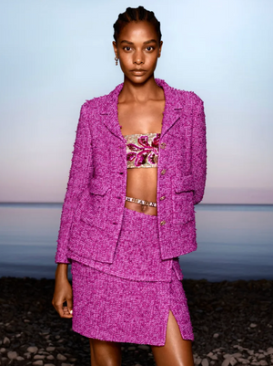 Chanel Cruise 2021 Purple Tweed Jacket with Gold CC Logo Buttons Size FR 40 (UK 12)