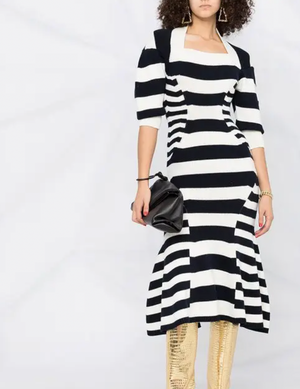 Alexander Mcqueen Navy and Cream Cashmere-Blend Knit Striped Maxi Dress Size M (UK 10) RRP £1,390